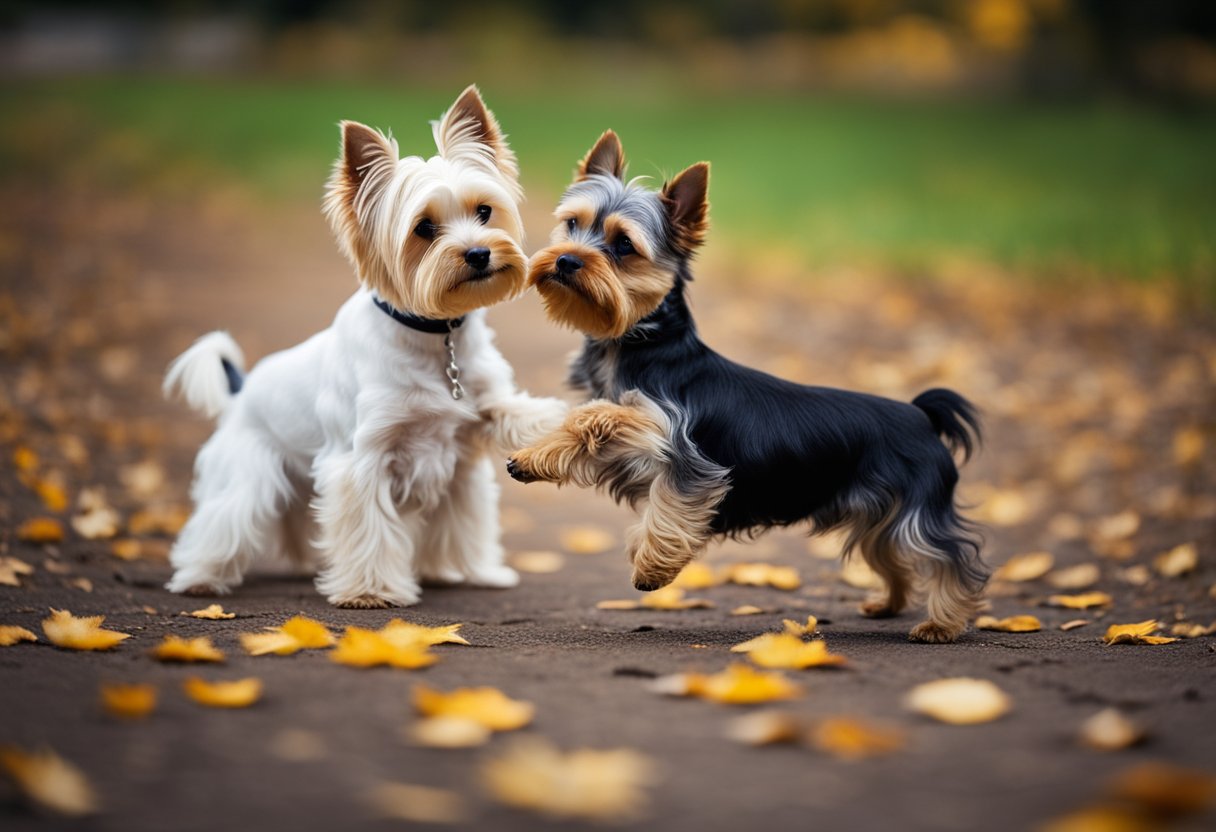A Biewer Terrier and a Yorkshire Terrier playfully interact, showcasing their distinct personalities and temperaments