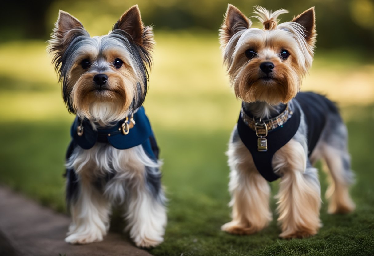 Two small terriers stand side by side, showcasing their distinct features. The Biewer Terrier has a long, flowing coat and elegant stance, while the Yorkshire Terrier sports a compact body and silky, blue and tan coat