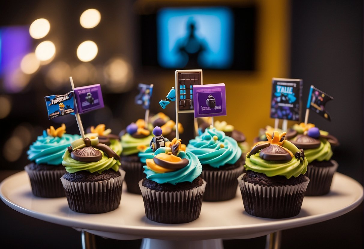 A table adorned with Fortnite-themed cupcakes, featuring edible game characters and iconic items like weapons and shields