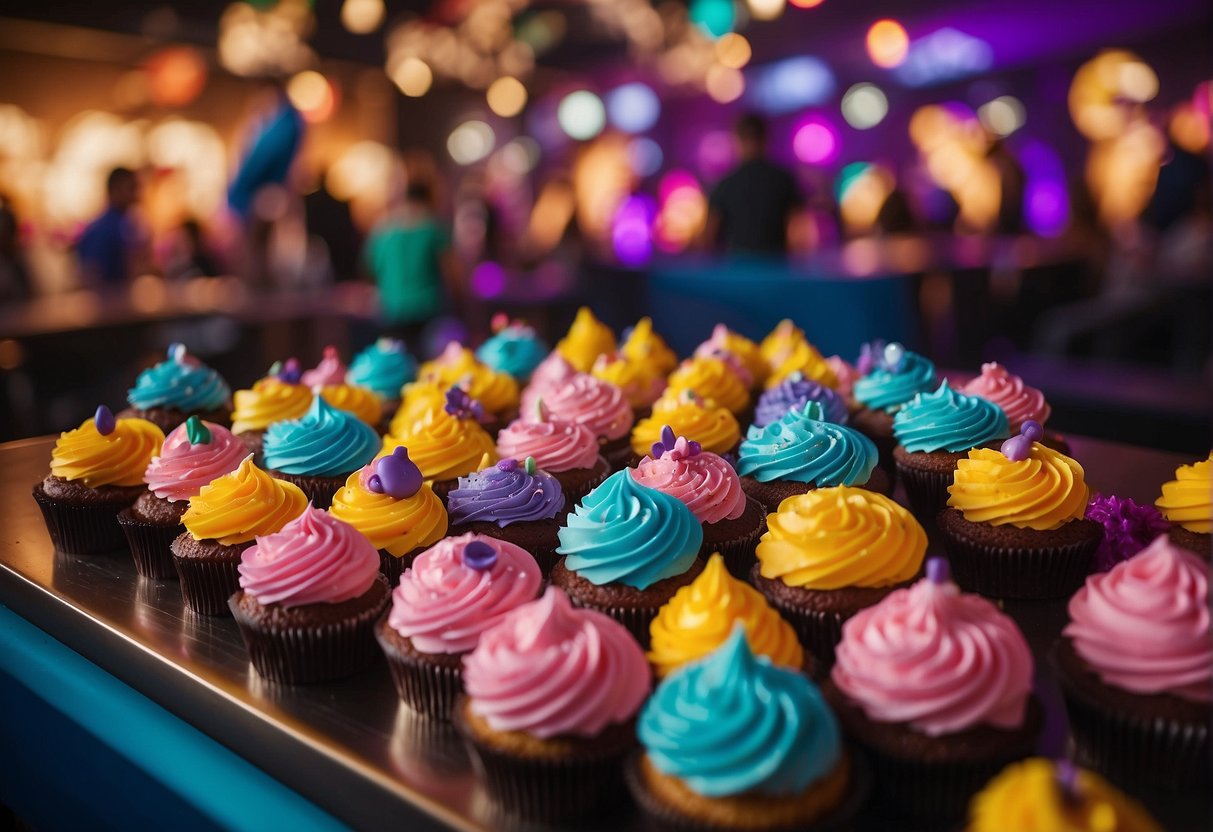 A table filled with colorful Fortnite-themed cupcakes and decorations, surrounded by excited party-goers
