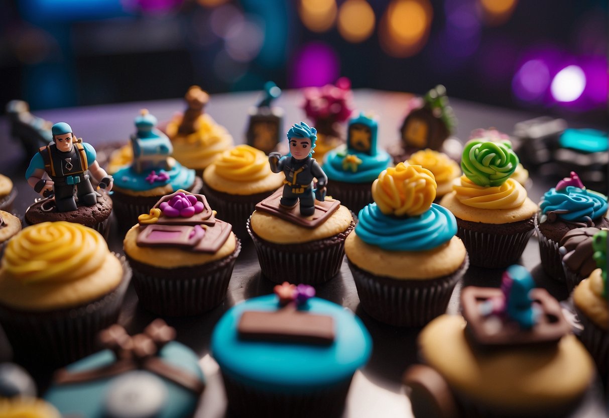 A table filled with colorful and intricately designed Fortnite-themed cupcakes, featuring iconic game elements like characters, weapons, and building structures