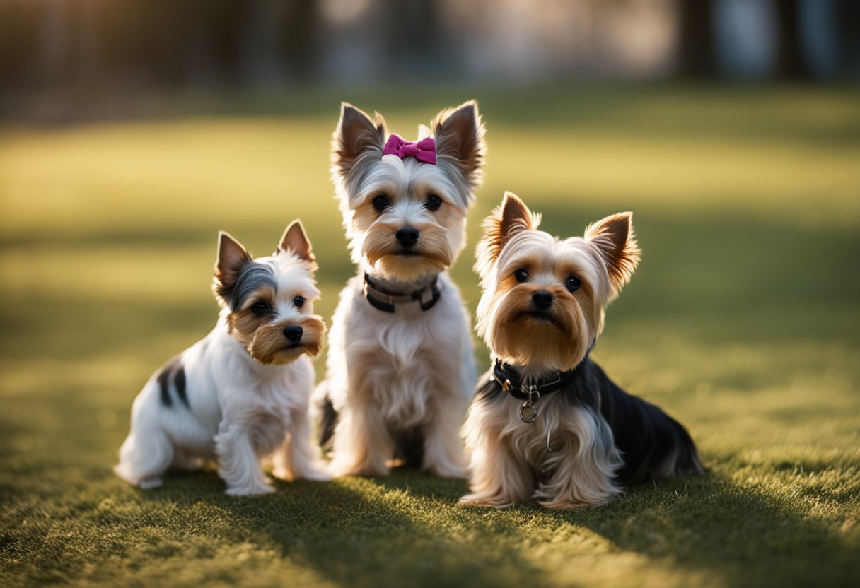A crowd gathers around two small terrier dogs, one a Biewer Terrier and the other a Yorkshire Terrier, comparing their appearance and temperament