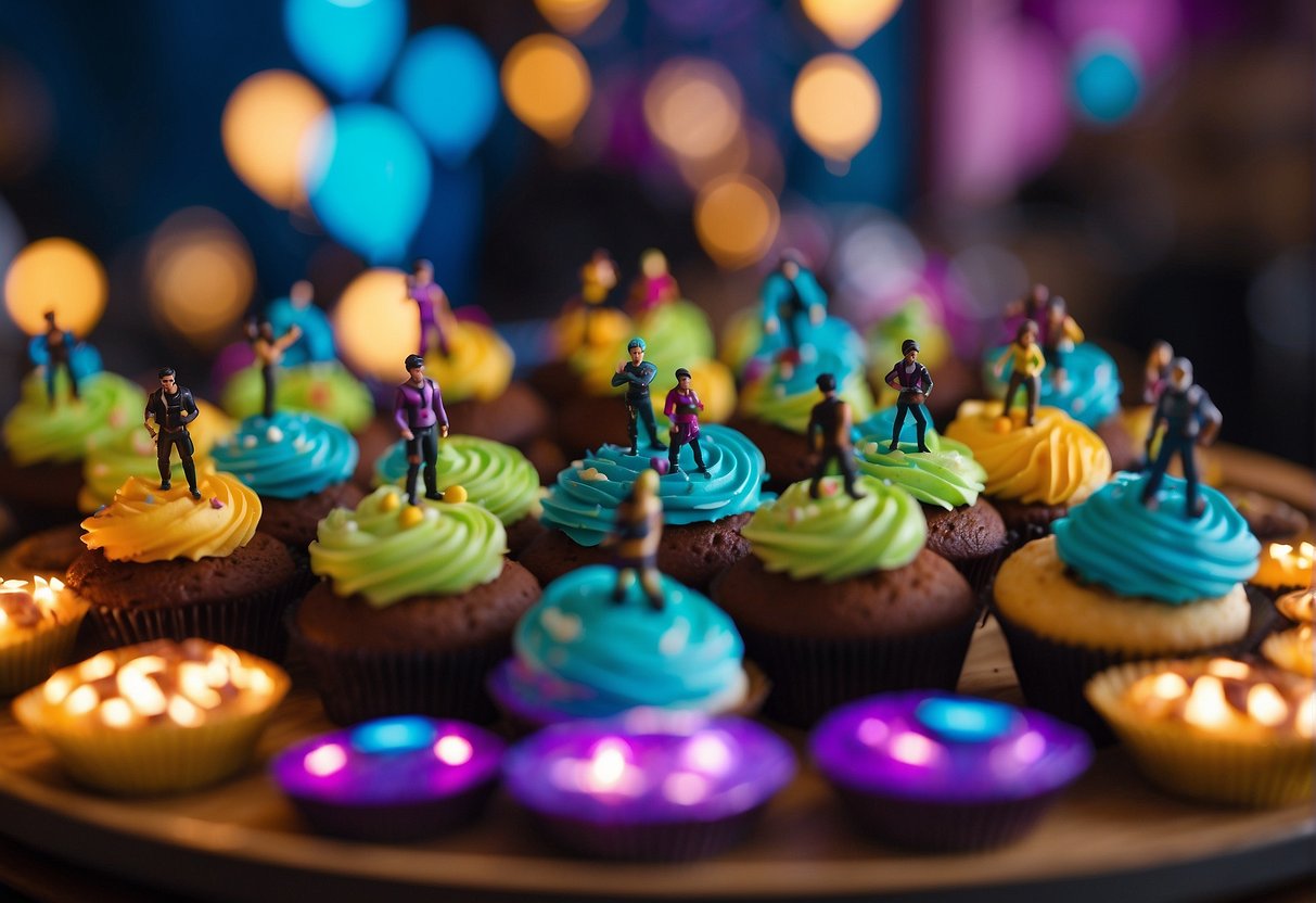 A table filled with Fortnite-themed cupcakes, surrounded by kids playing Fortnite party games