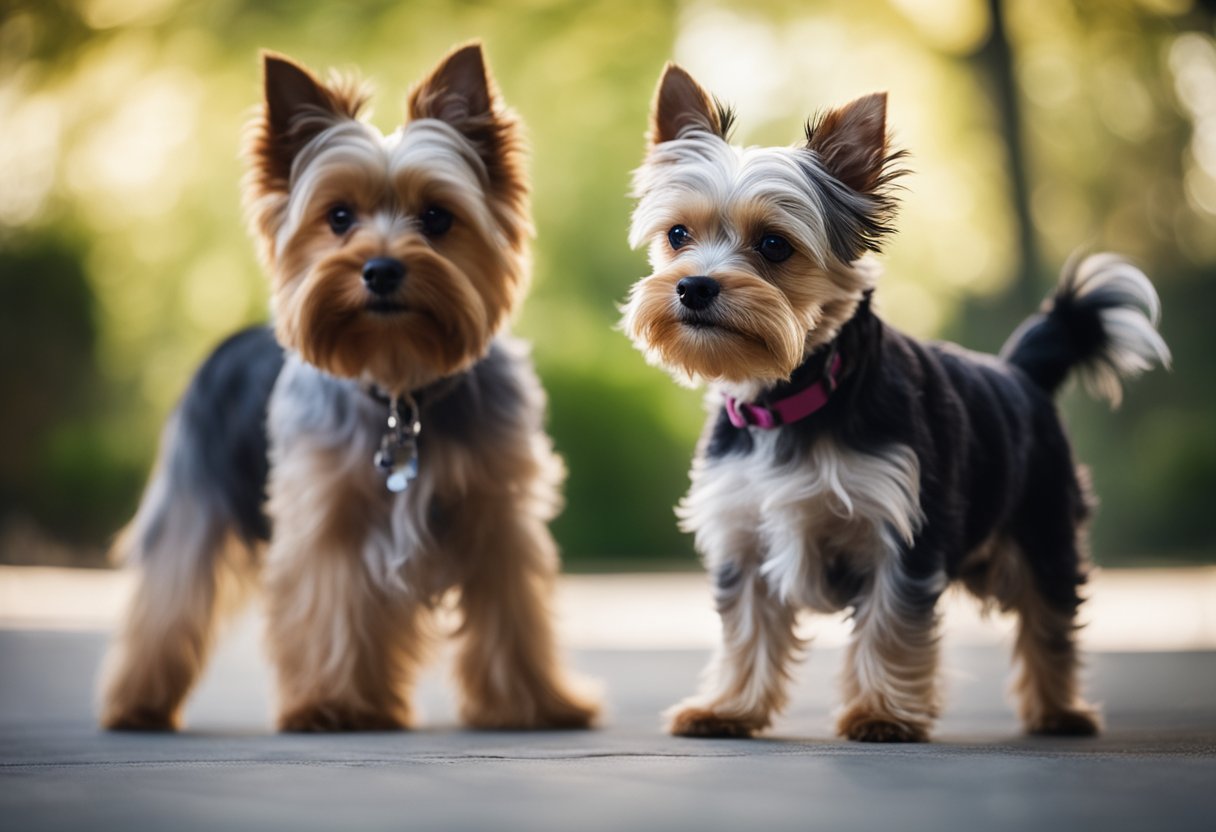 Two small terriers face off, one a biewer terrier and the other a yorkshire terrier. They stand alert, with curious expressions, as if ready to engage in a playful interaction