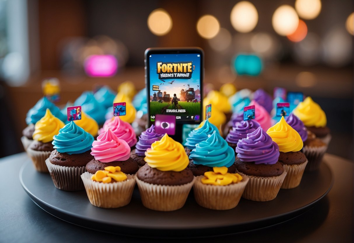 A table with colorful Fortnite-themed cupcakes arranged in a creative display. A sign with "Frequently Asked Questions Fortnite Cupcakes Ideas" is placed next to the cupcakes