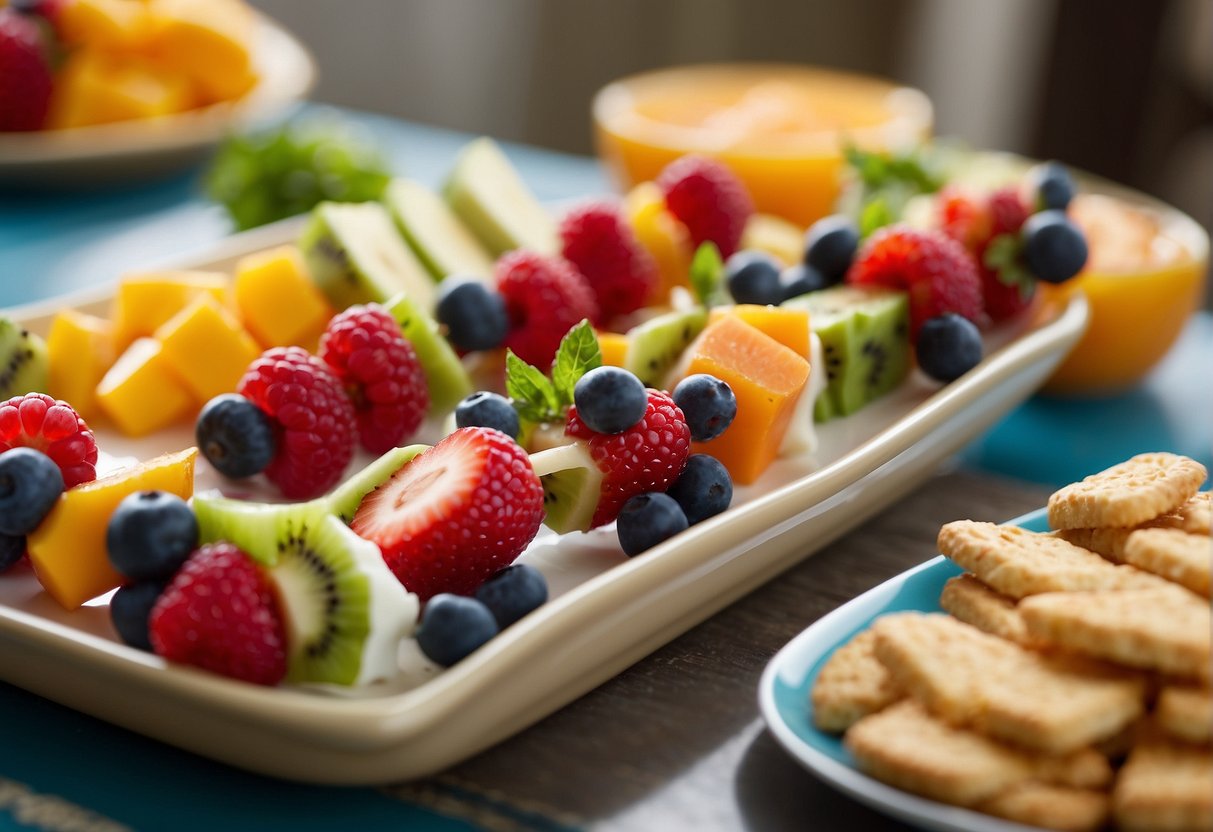 A table set with colorful, healthy snacks like fruit kabobs, veggie sticks, and yogurt parfaits, all arranged in superhero-themed shapes and patterns