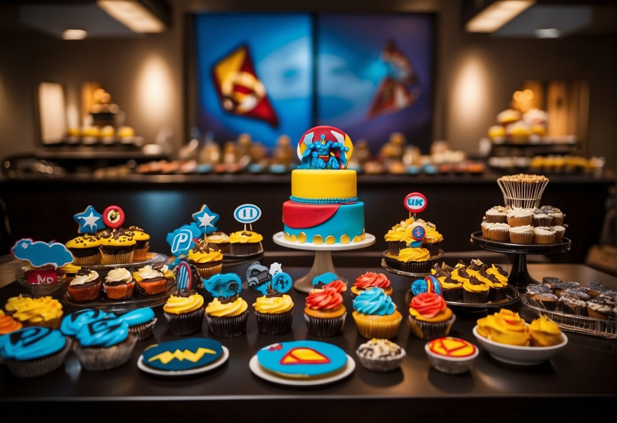 A table adorned with superhero-themed cakes and cupcakes, featuring vibrant colors and iconic logos. Lightning bolts and comic book speech bubbles add to the festive display