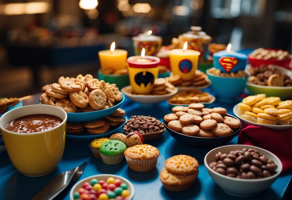 A table adorned with colorful superhero-themed snacks and treats, including caped cookies, shield-shaped sandwiches, and comic book-inspired cupcakes