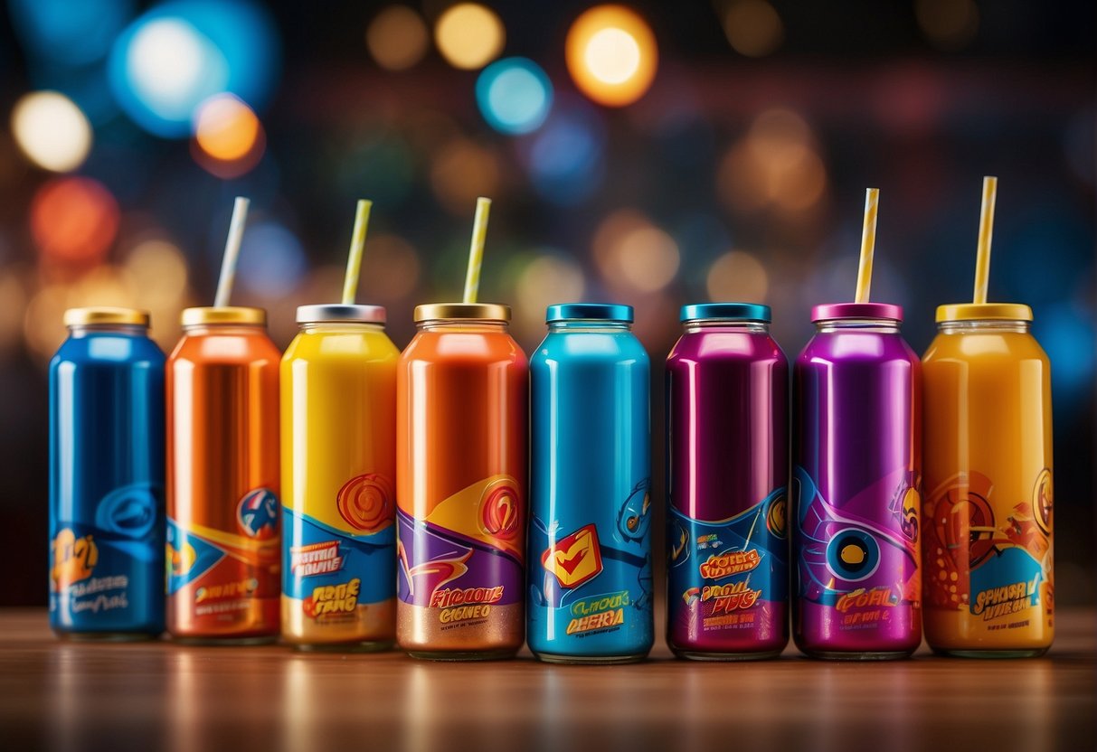 A colorful array of superhero-themed beverages and snacks, with vibrant packaging and energetic designs, displayed on a dynamic and action-packed background