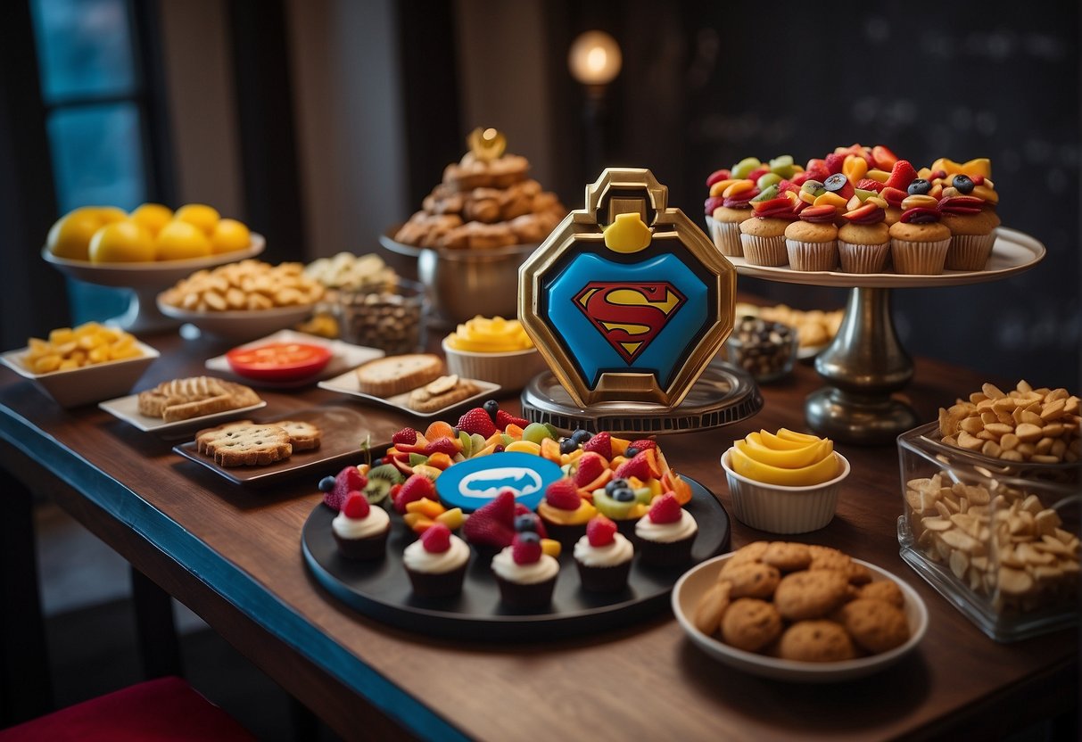 A table adorned with colorful superhero-themed snacks, including caped cupcakes, shield-shaped cookies, and fruit kabobs with superhero emblems