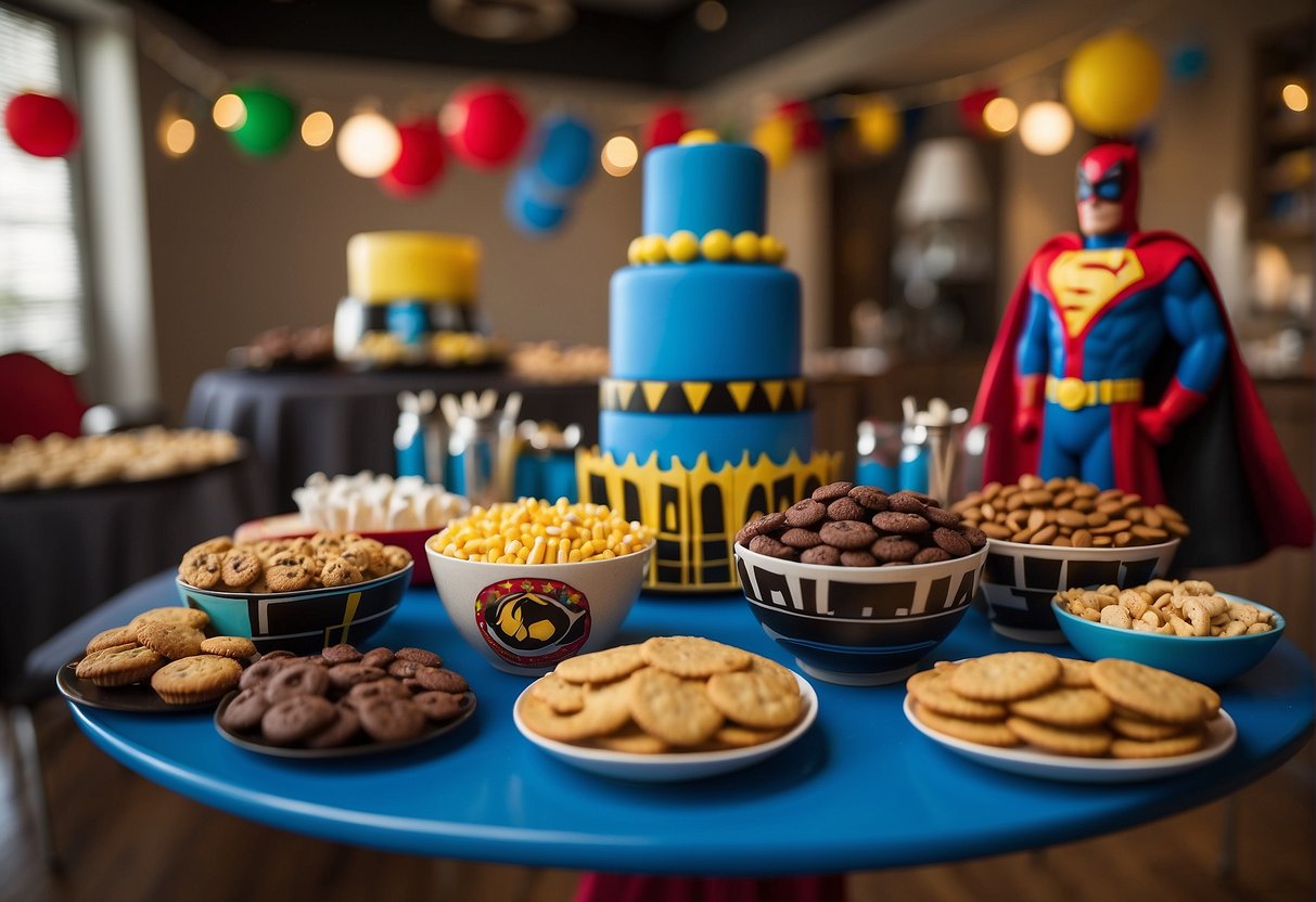 Colorful superhero party supplies and decorations fill the room. Snack ideas include superhero-themed treats like caped cookies and punch with superhero logos