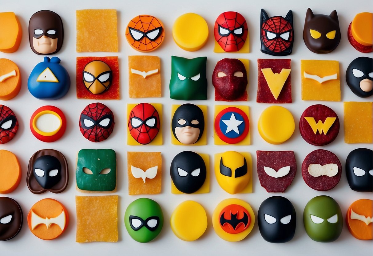A colorful array of superhero-themed snacks, including capes made of fruit leather and masks crafted from sliced vegetables, displayed on a vibrant, action-packed background