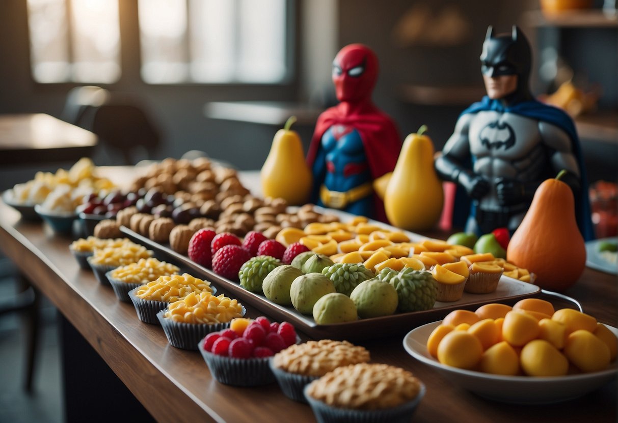 A table filled with colorful and creative superhero-themed snacks, including capes made of fruit, shield-shaped cookies, and superhero logo cupcakes