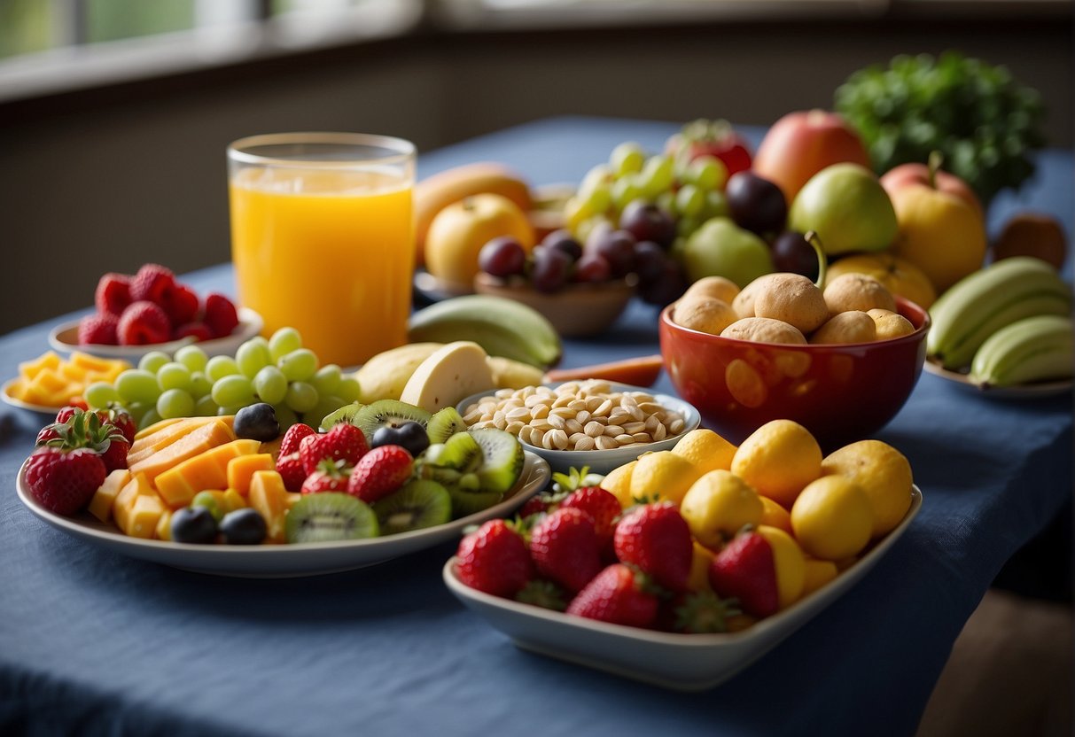 A table filled with vibrant fruits, vegetables, and allergy-friendly snacks, with a superhero theme. Allergen-free labels and dietary restriction symbols are prominently displayed