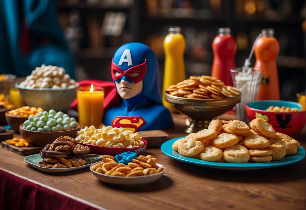 Superhero-themed snacks displayed on a colorful table with capes, masks, and comic book props as decorations