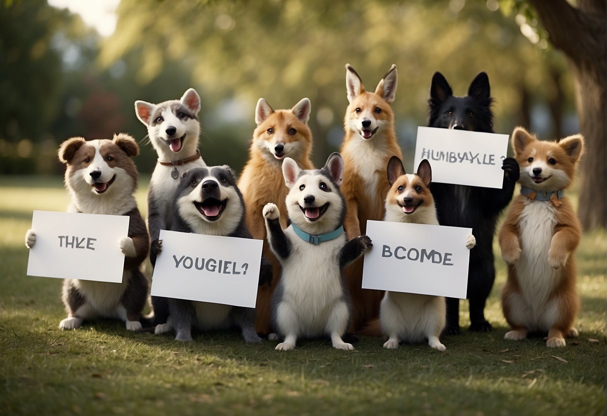 A group of animals holding signs with humorous farewell messages, laughing and waving goodbye