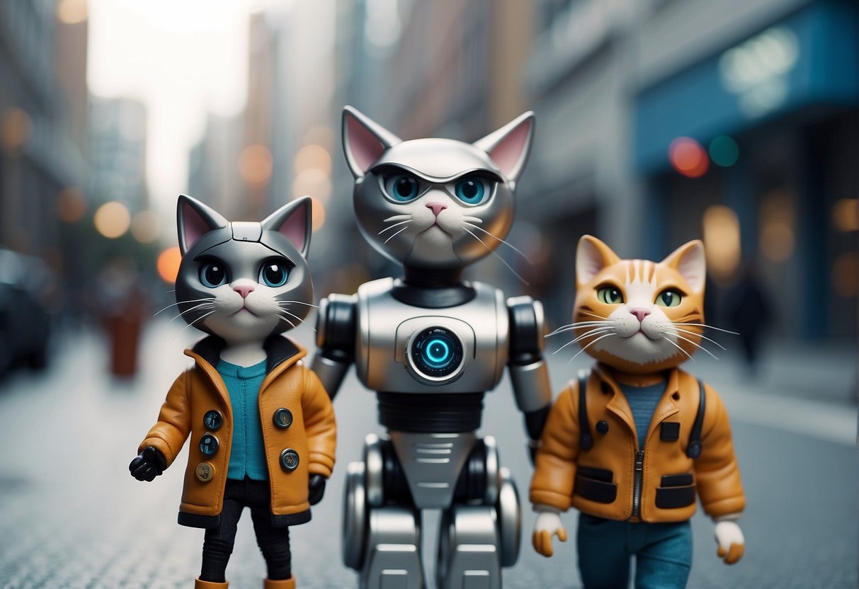 Friends waving from a spaceship, a cat with a suitcase, and a robot holding a "goodbye" sign in a futuristic city