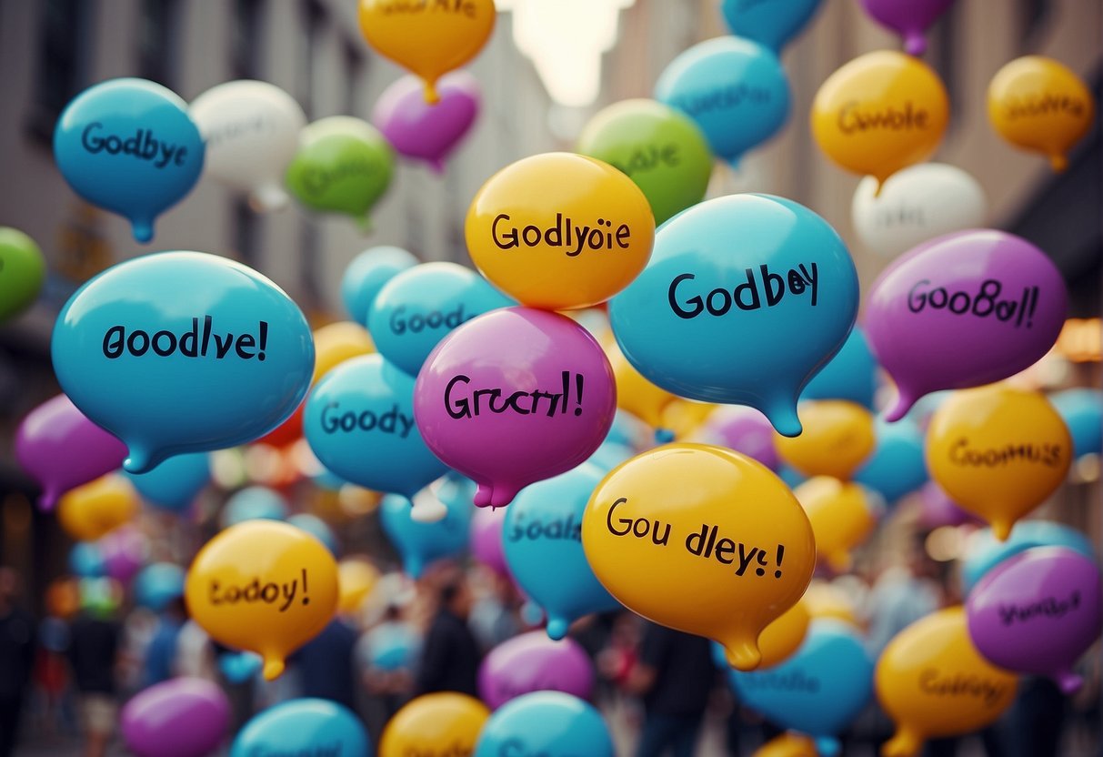 A group of colorful speech bubbles with funny goodbye sayings floating in the air, surrounded by playful and whimsical elements