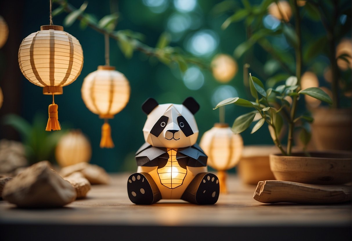 A panda crafting a bamboo mobile, surrounded by paper lanterns and origami