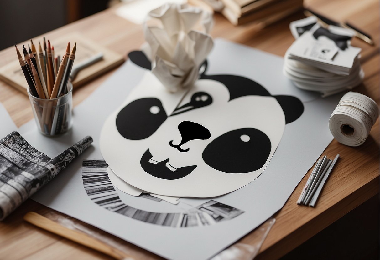 A table with various craft materials: paper, glue, scissors, and black and white construction paper. A panda drawing is on the wall for reference