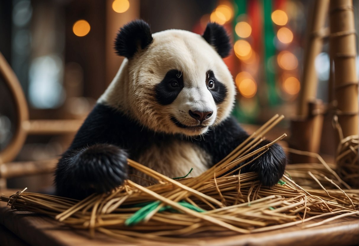 A panda carefully weaves bamboo strips into a traditional craft, surrounded by colorful yarn and paper cutouts