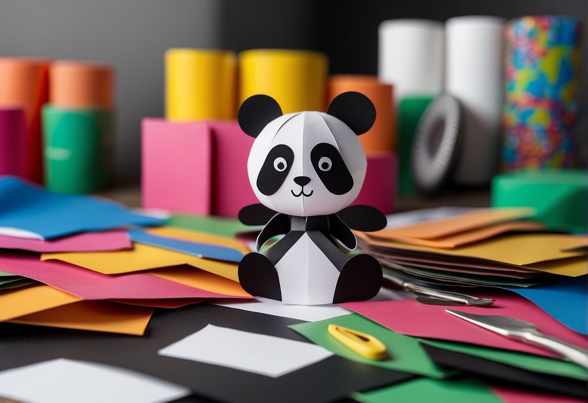 A table covered in colorful paper, glue, and scissors. A stack of black and white construction paper, ready to be transformed into panda decorations