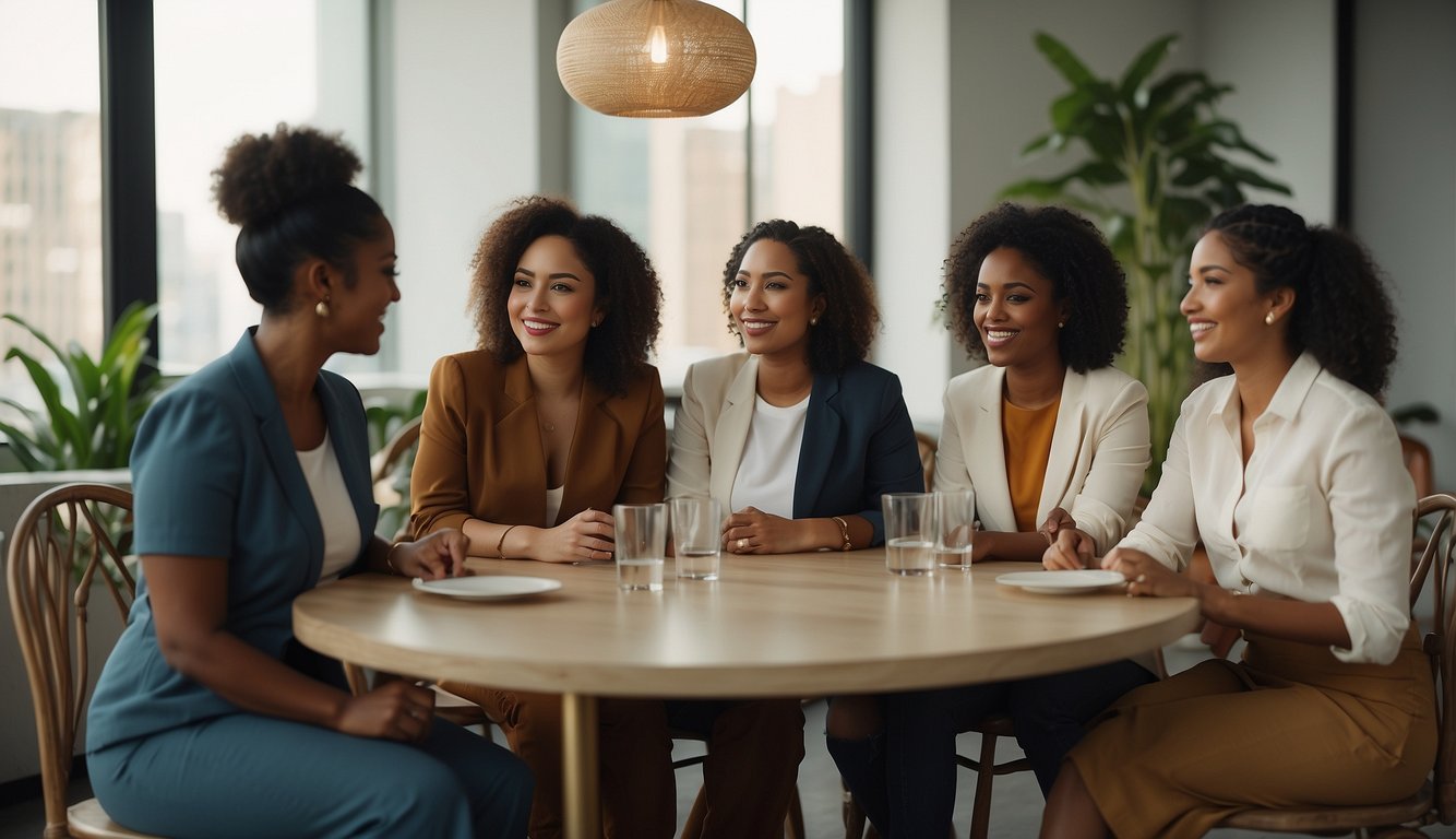 A diverse group of women gathered around a table, sharing ideas and collaborating on projects. A sense of empowerment and unity is evident in their expressions and body language
