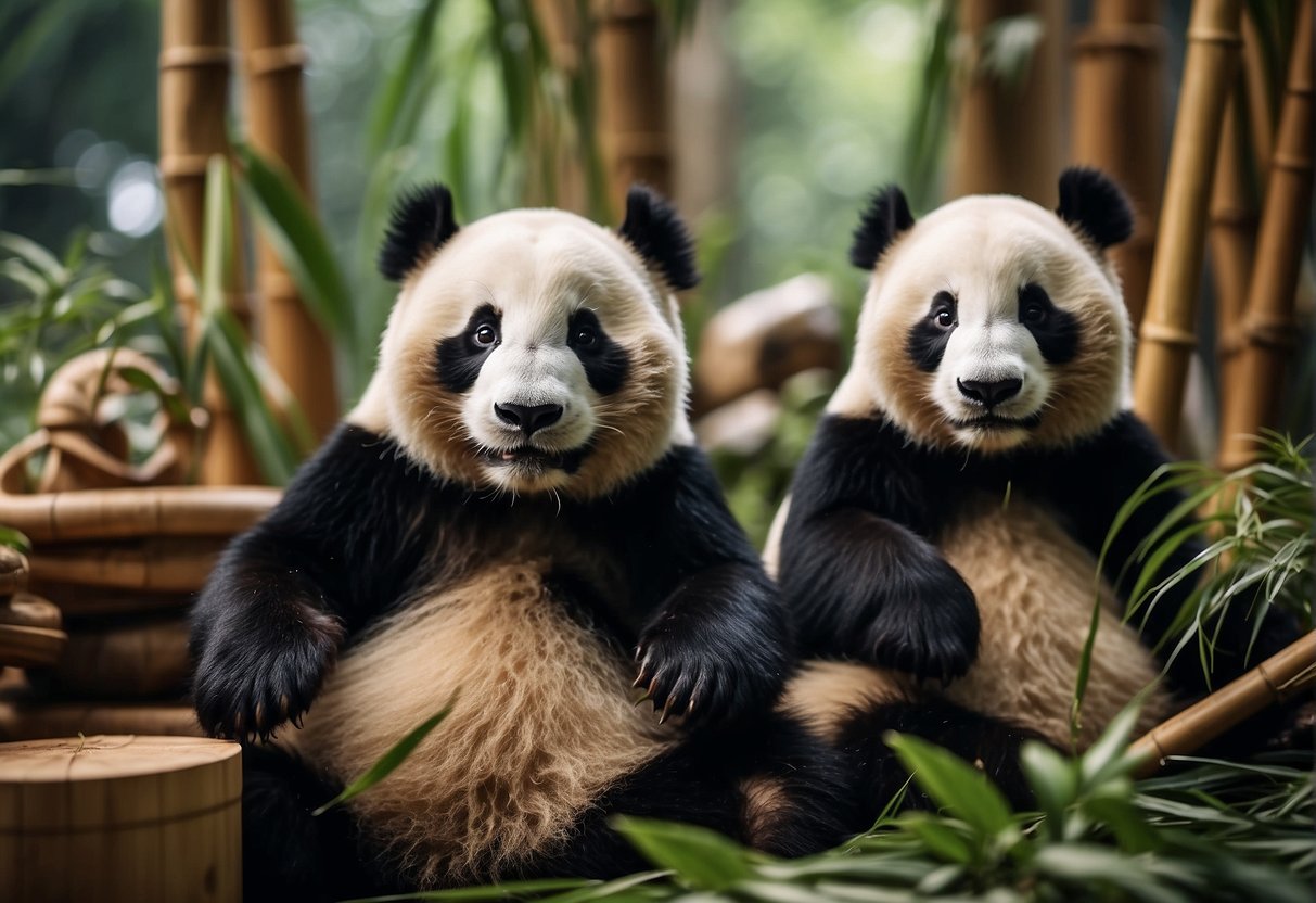 Pandas creating themed craft projects in a bamboo-filled workshop