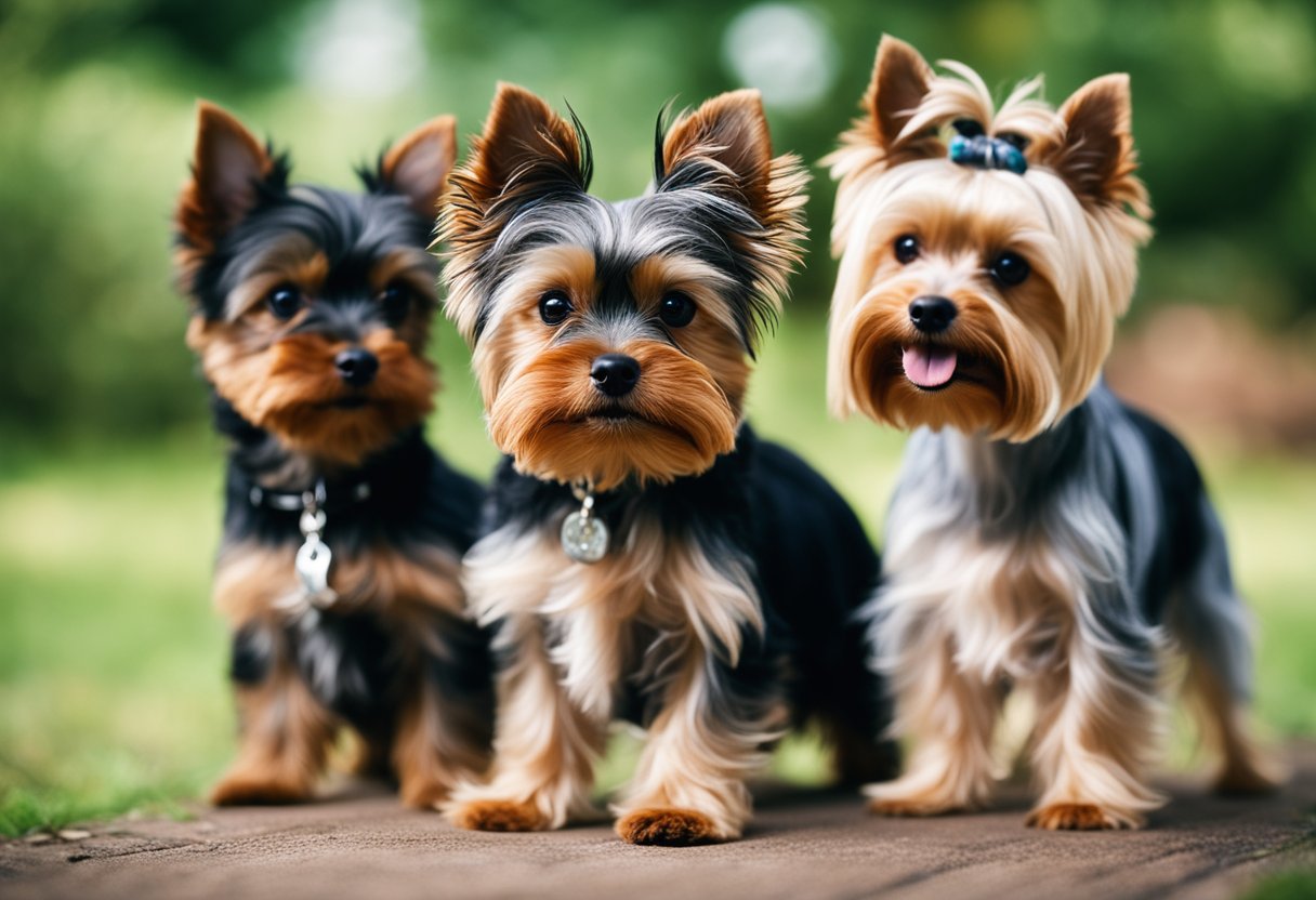 A teacup Yorkie and a Yorkshire Terrier face off in a playful stance, with wagging tails and alert expressions