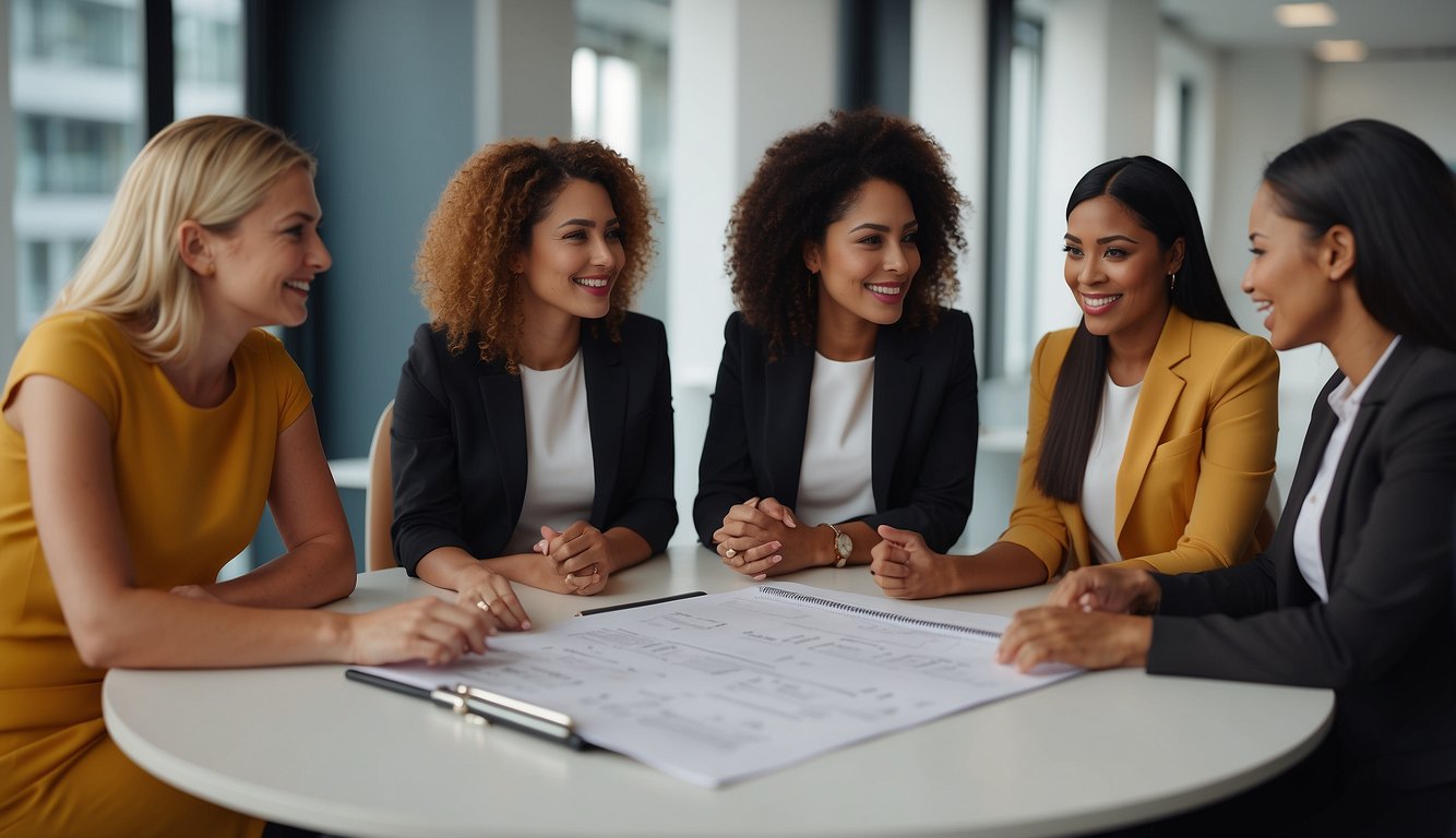 A diverse group of women in business attire gather around a table, engaged in a lively discussion, with a whiteboard in the background displaying ideas and strategies for supporting women in the workplace