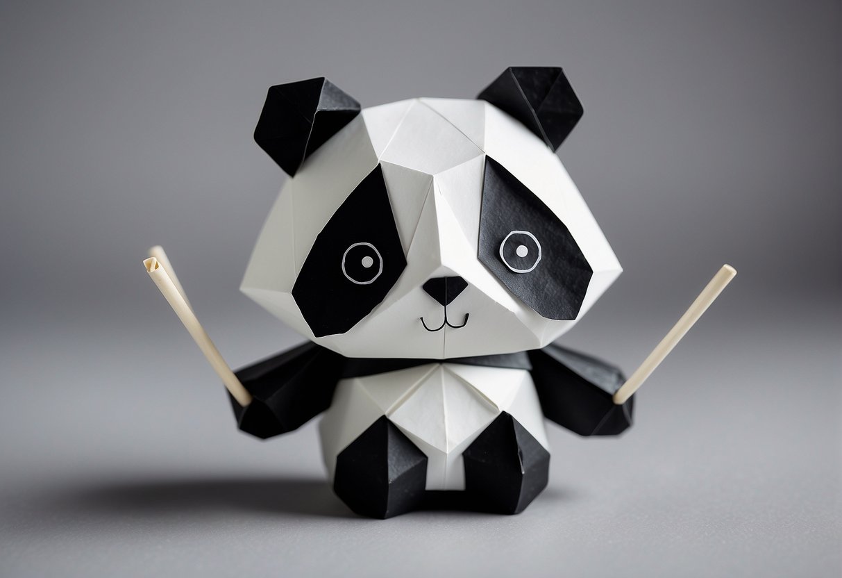 A panda craft with origami paper, bamboo sticks, and black and white paint. Different variations include pom-pom pandas and papercraft pandas