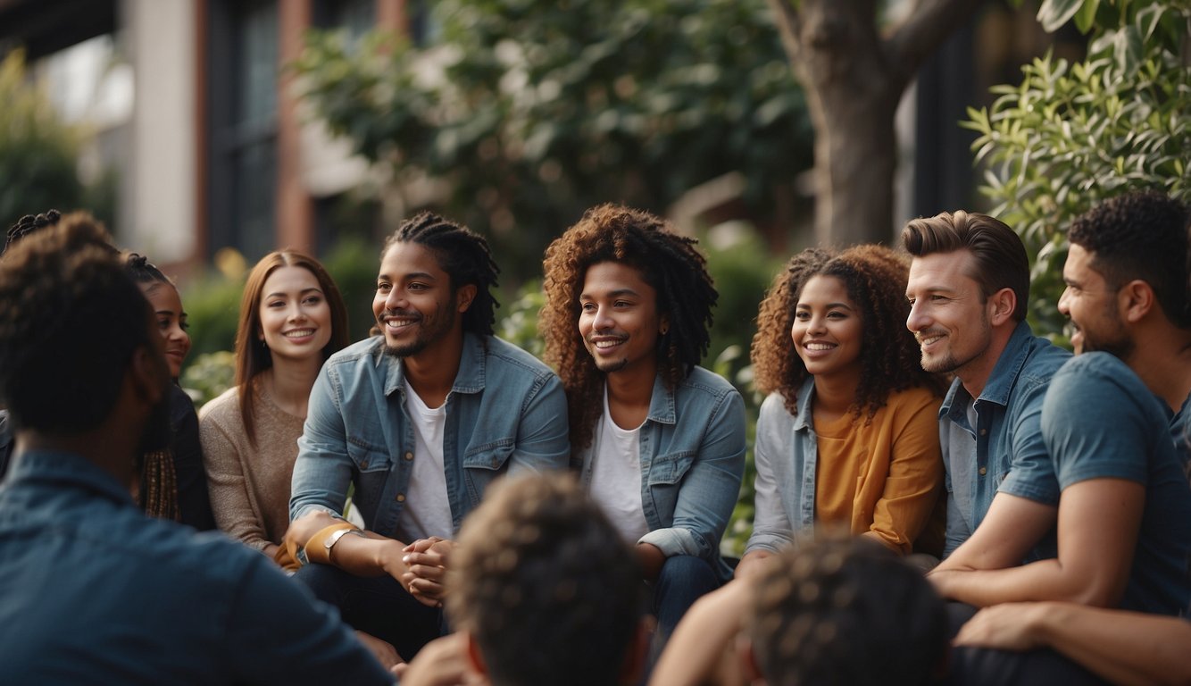 A group of diverse individuals gather in a circle, sharing ideas and supporting one another. A sense of unity and empowerment is evident in their body language and expressions