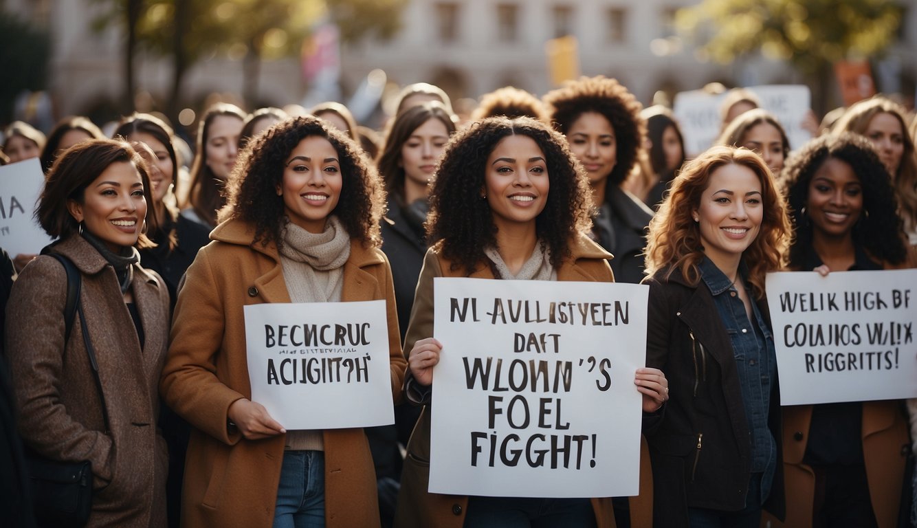 A diverse group of women from different cultures and backgrounds stand together, holding signs and banners advocating for women's rights. They are gathered in a public space, surrounded by a supportive crowd