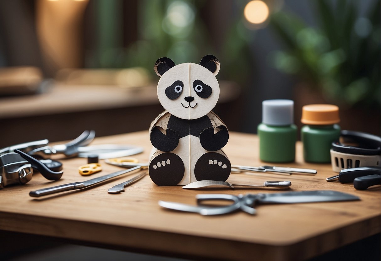 A panda crafting table with safety scissors, glue, and paper cutouts