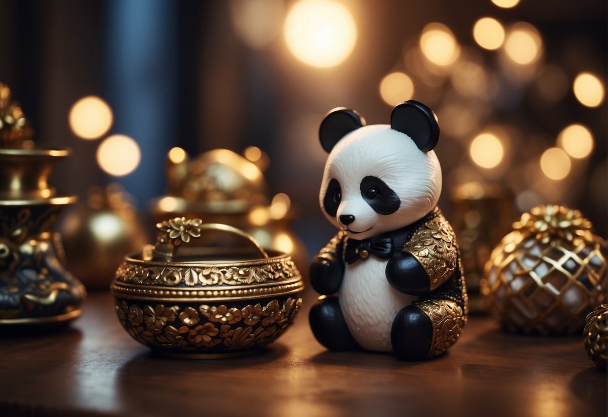 Artisan adds final details to panda crafts, then presents them for display