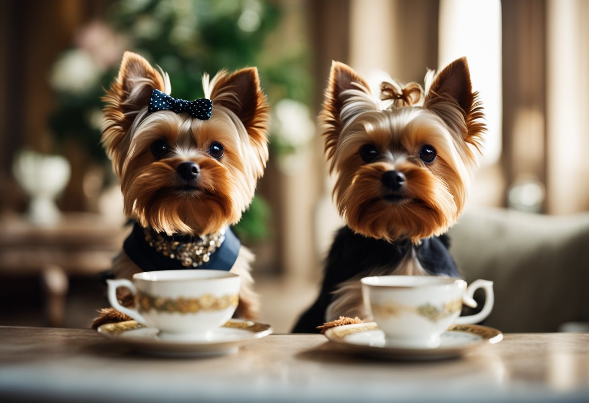 A teacup Yorkie and a Yorkshire Terrier face off in a historical setting, surrounded by vintage decor and ornate furnishings