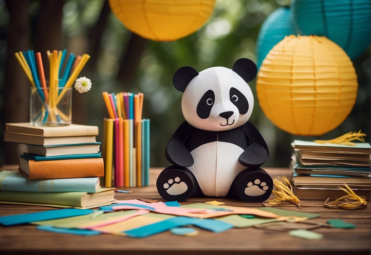 A table scattered with colorful paper, glue, scissors, and bamboo sticks. A stack of panda-themed craft books sits nearby. A completed panda paper lantern hangs in the background