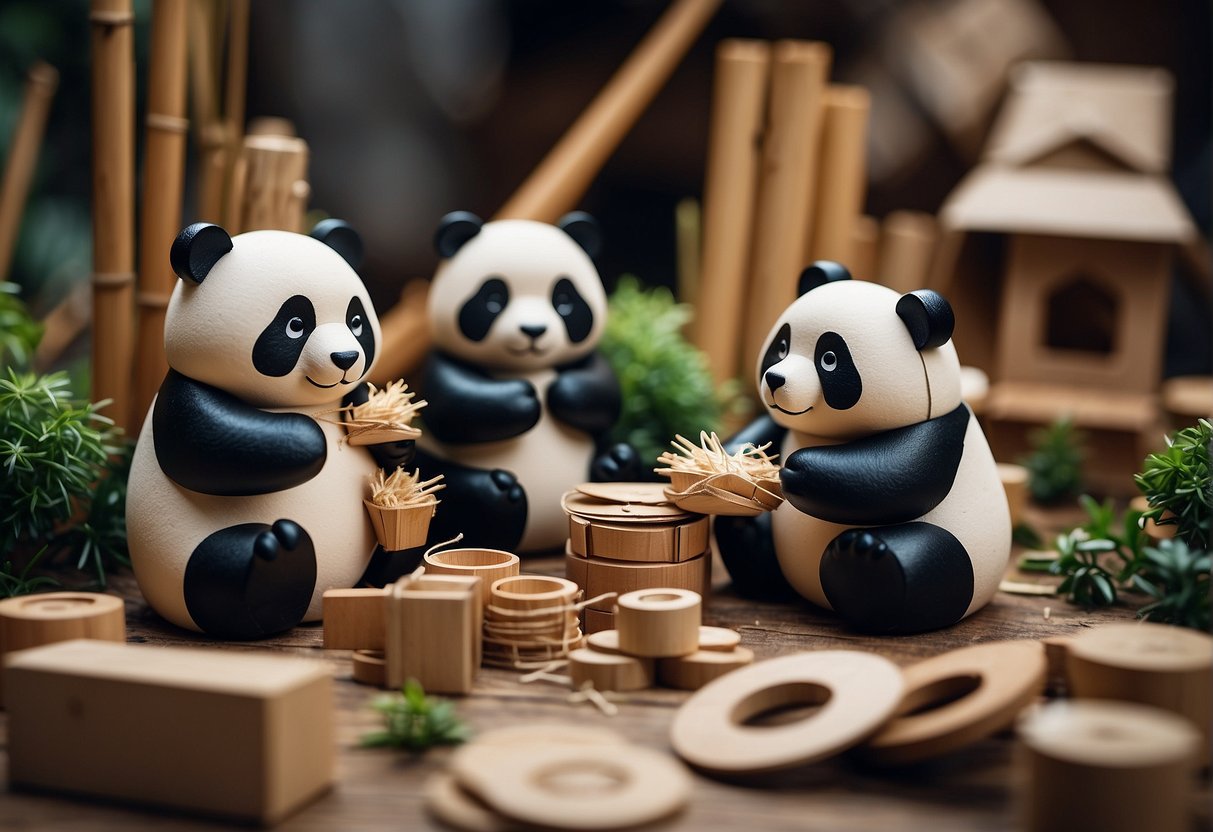Pandas crafting with recycled materials: bamboo, paper, and cardboard. Creating art, toys, and decorations
