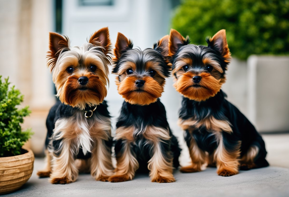 A teacup Yorkie stands next to a standard Yorkshire Terrier, highlighting the size difference between the two breeds