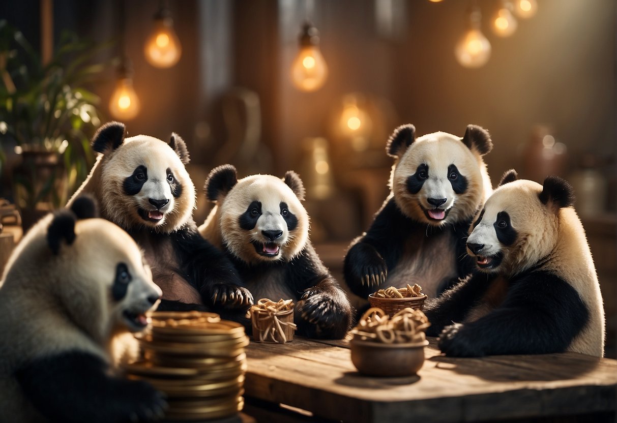 A group of pandas sit around a table, each holding crafting materials. They are smiling and laughing as they work on their panda-themed crafts
