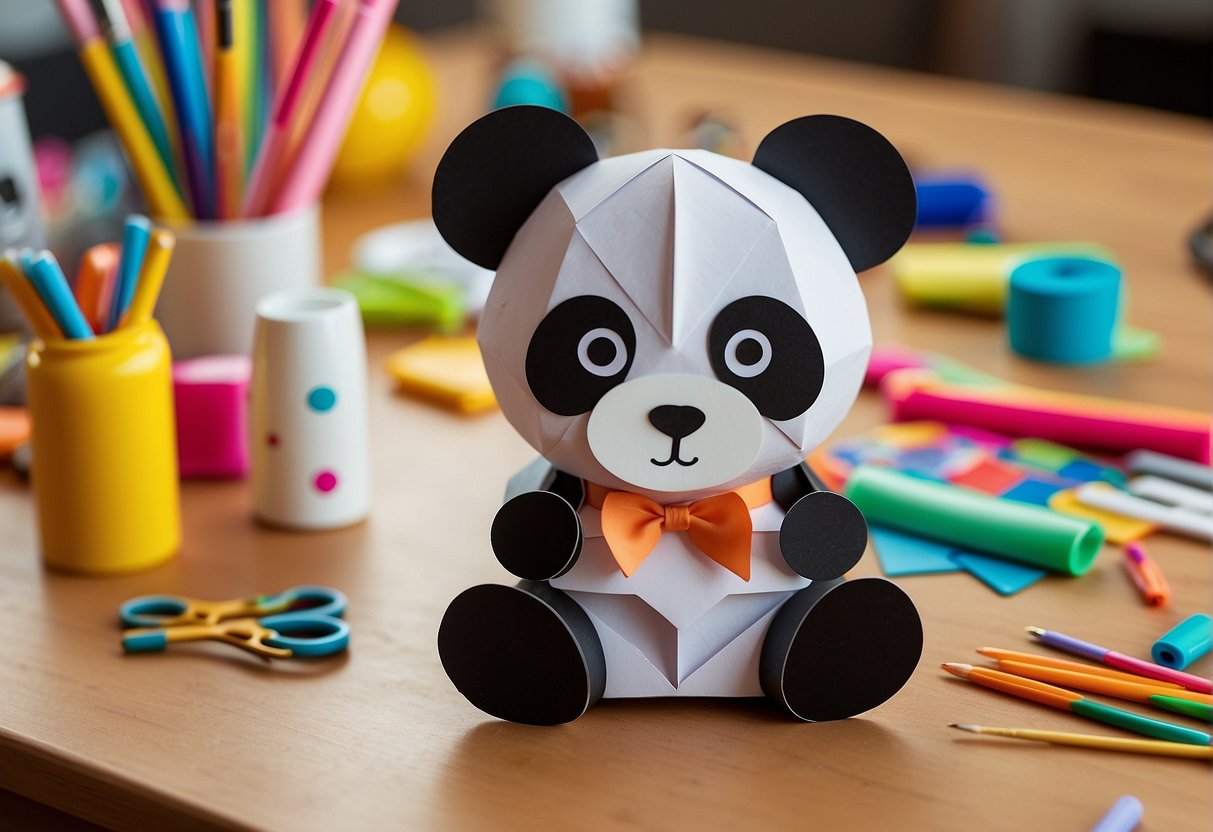 Colorful paper, glue, scissors, and markers arranged on a table with a finished panda craft as inspiration