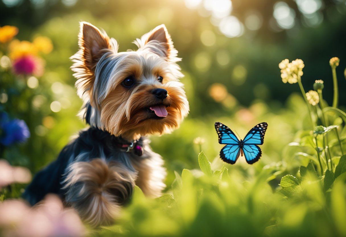 A teacup yorkie and a yorkshire terrier playing in a lush green garden, with a sunny blue sky and a colorful butterfly fluttering nearby