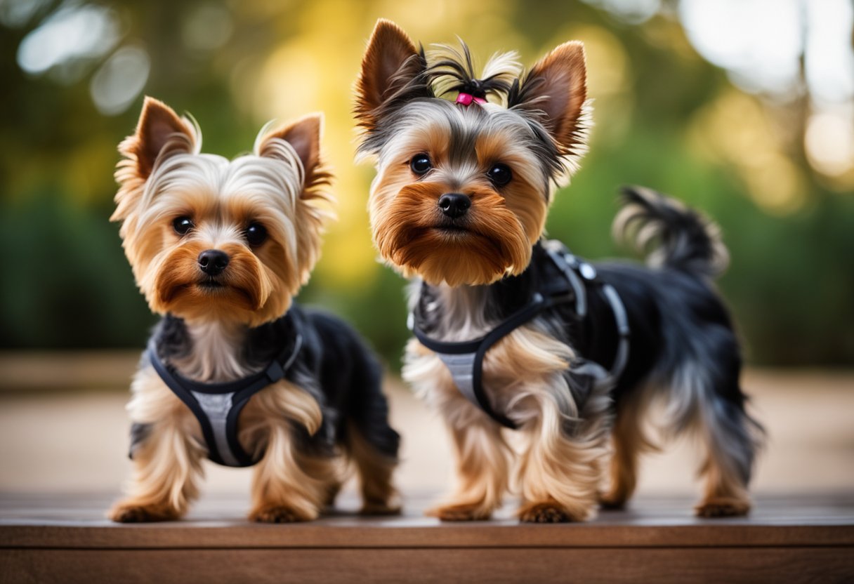 A teacup yorkie and yorkshire terrier stand side by side, each with a different care requirement listed above their heads