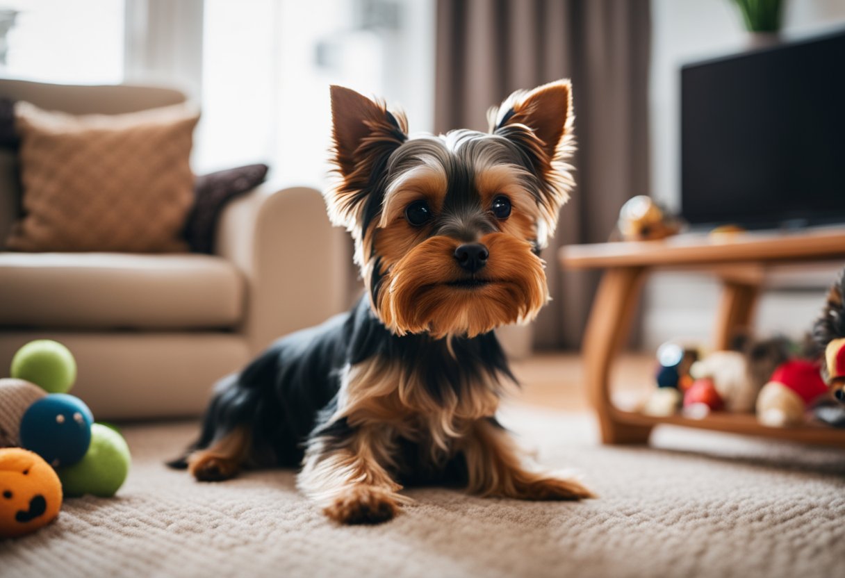 A teacup yorkie and a yorkshire terrier playfully interact in a cozy living room, surrounded by toys and a comfortable pet bed