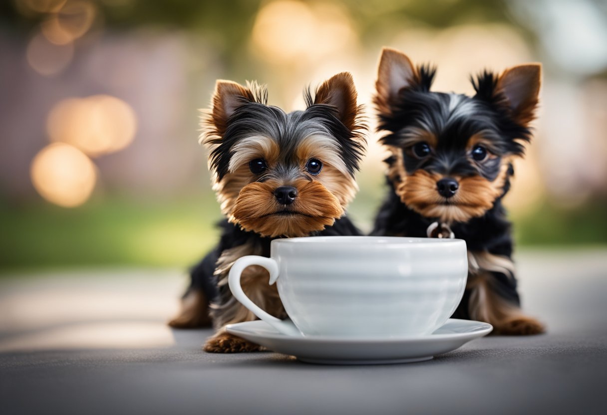 A teacup yorkie and a yorkshire terrier stand side by side, showcasing their size difference. The teacup yorkie is tiny and delicate, while the yorkshire terrier is slightly larger and sturdier
