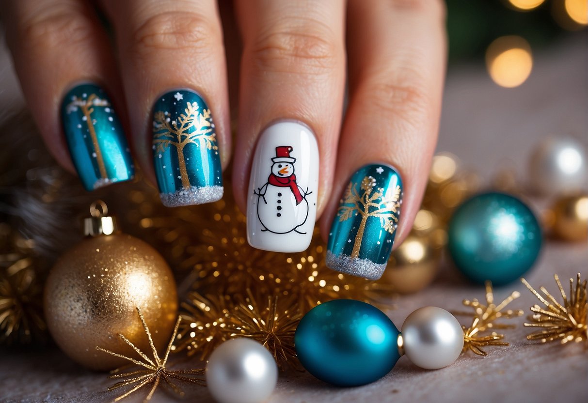 Colorful Christmas nail art designs on small nails, featuring Santa, reindeer, snowflakes, and presents