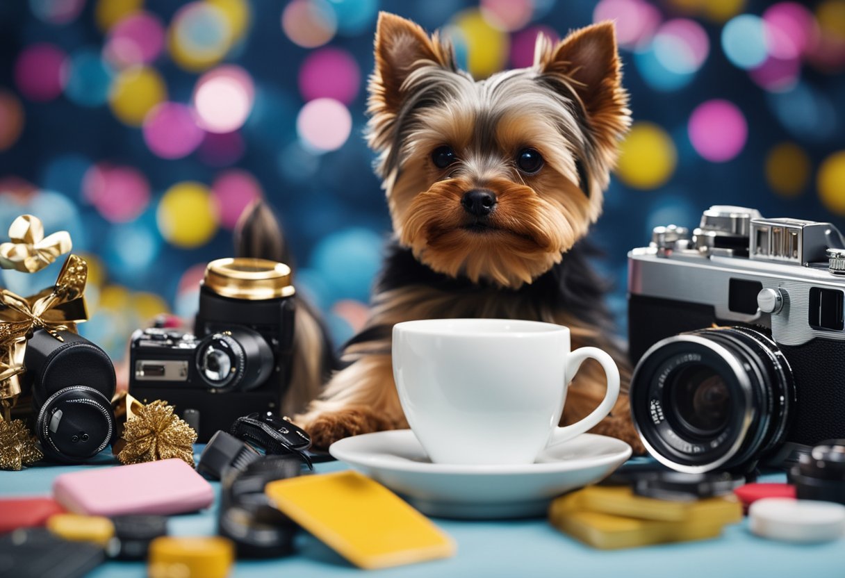 A teacup yorkie and a yorkshire terrier are surrounded by pop culture and media symbols