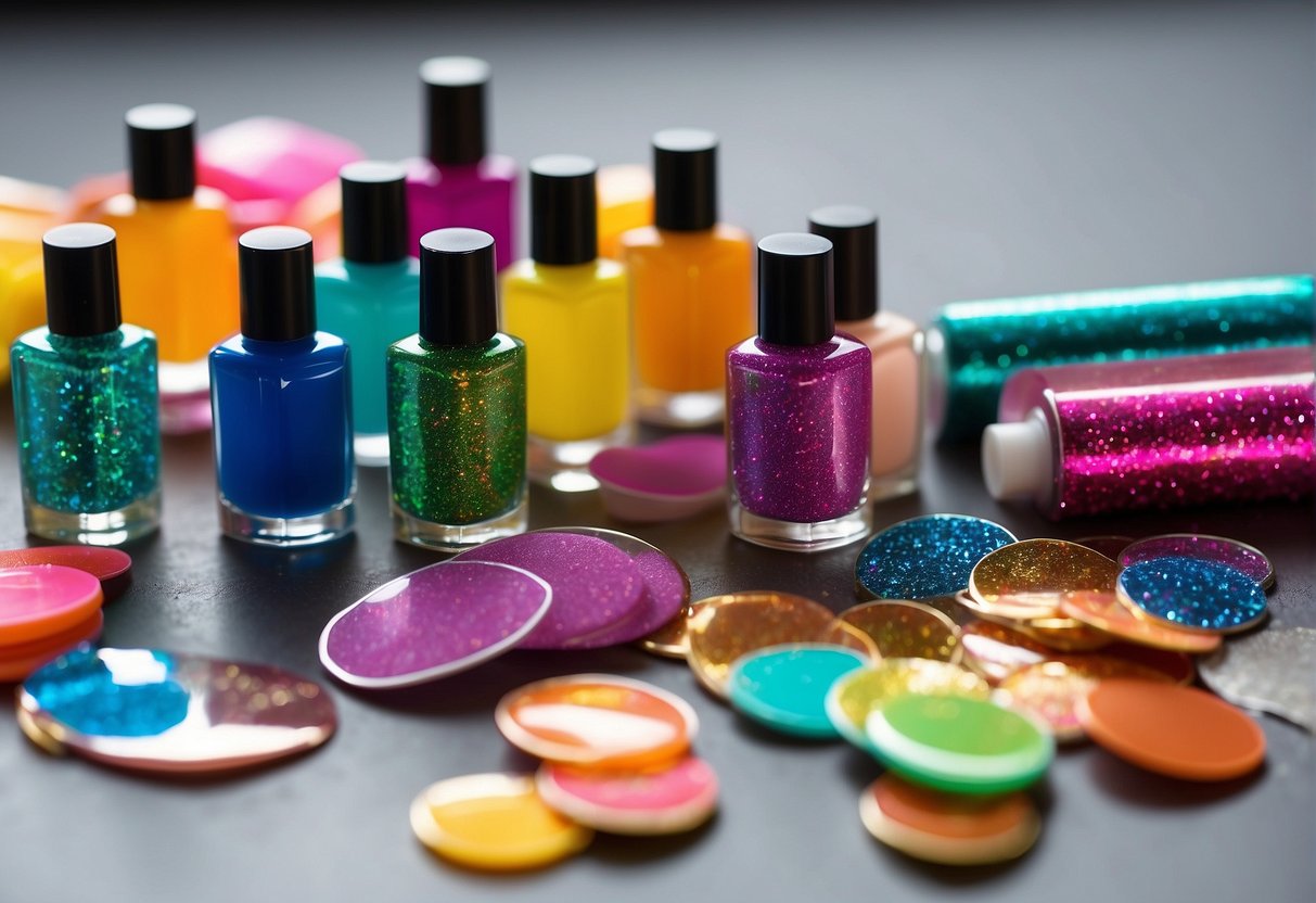 Bright, colorful nail polish bottles and glittery stickers scattered on a table. Child-sized nail files, gentle cuticle pushers, and non-toxic polish remover nearby