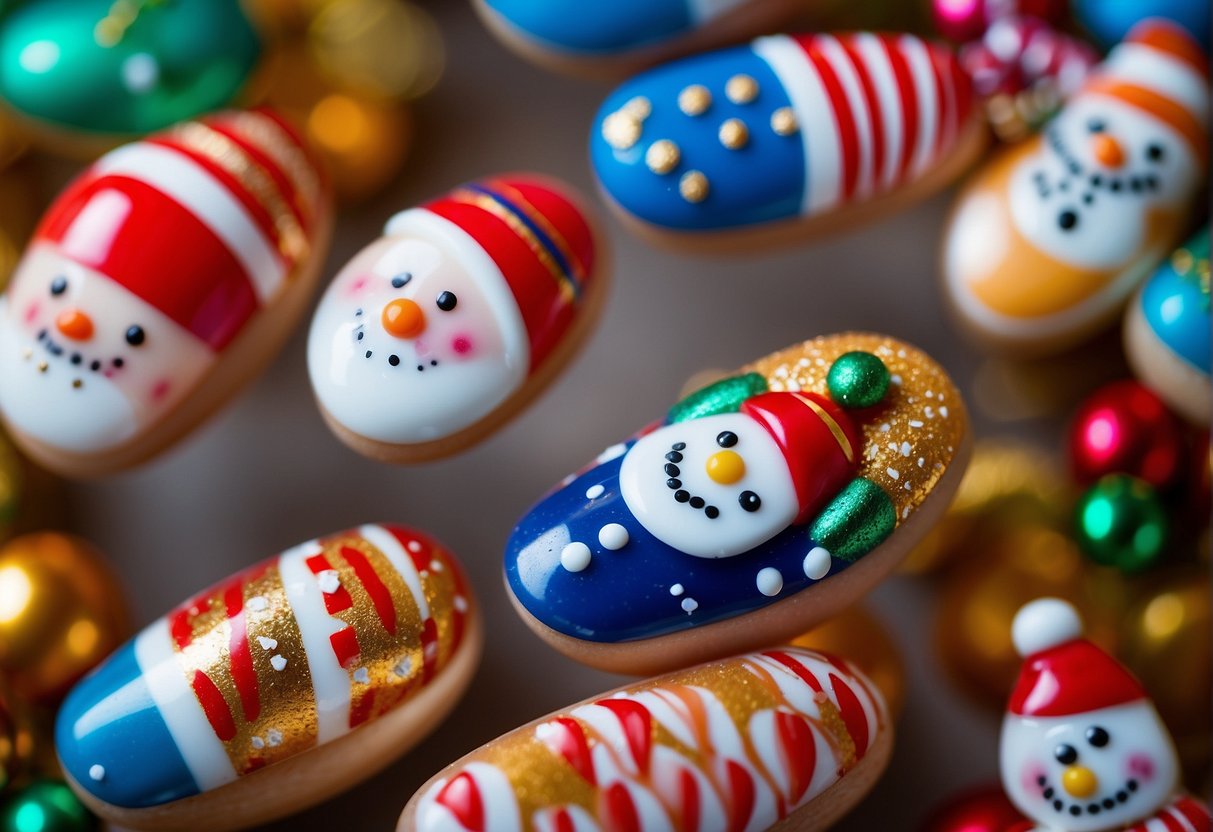 Colorful Christmas nail art: Santa, reindeer, snowmen, and candy canes on small, round nails. Festive patterns and bright colors for kids' holiday nails