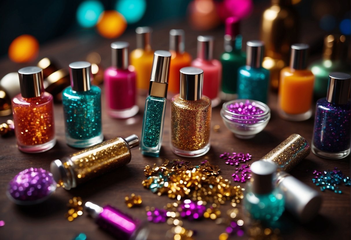 Colorful nail polish bottles and glittery stickers scattered on a table. Small brushes and nail files ready for use. Festive designs and holiday motifs displayed on a poster for inspiration